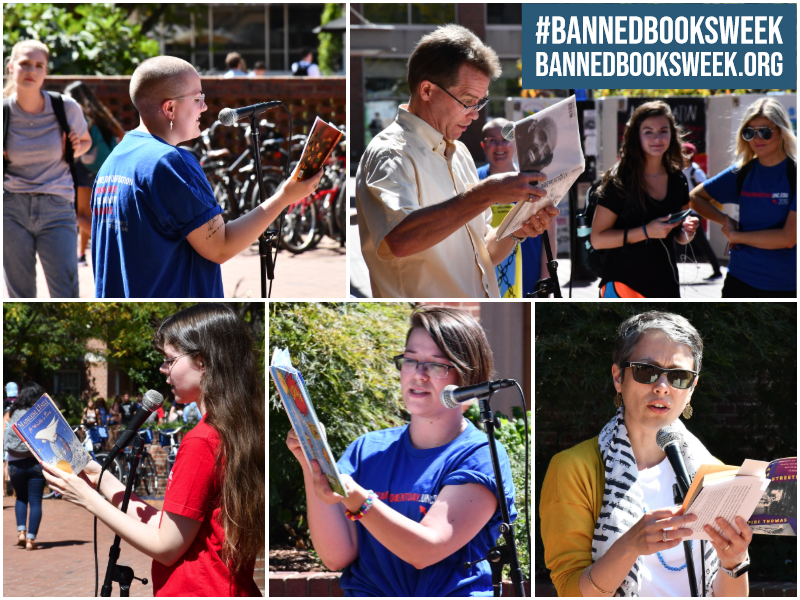 Collage of photos of people reading from banned books.