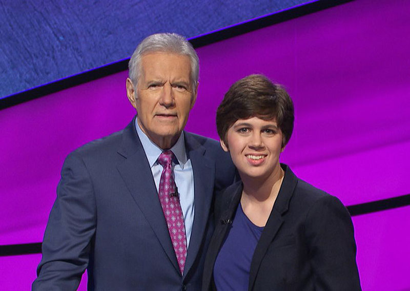 Alex Trebek and Emma Boettcher on the set of Jeopardy!