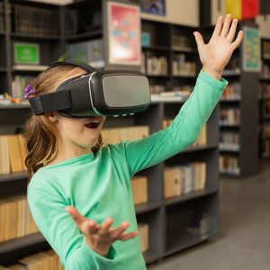 Child wearing virtual reality headset inside a library