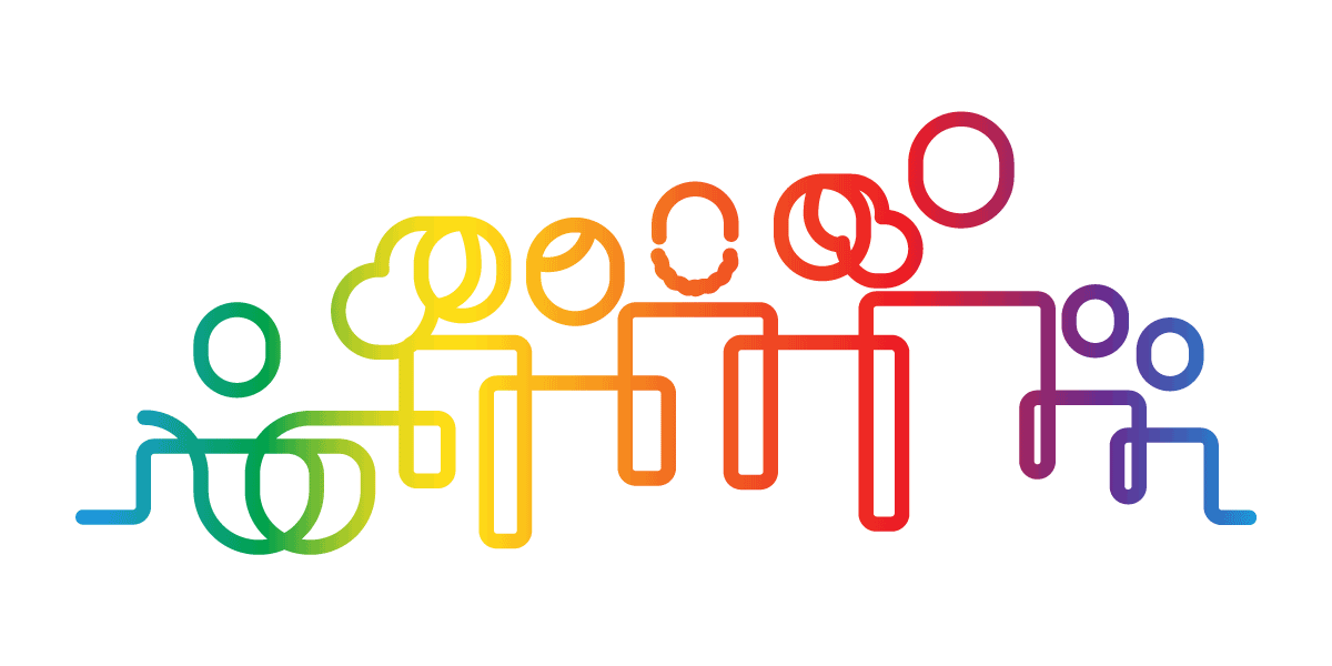 Minimalistic line drawing of figures of people in rainbow colors