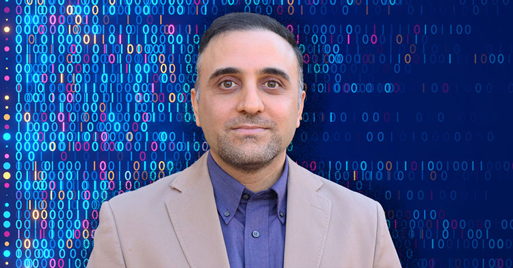 Headshot of Mohammad Jarrahi over colorful background of 0s and 1s