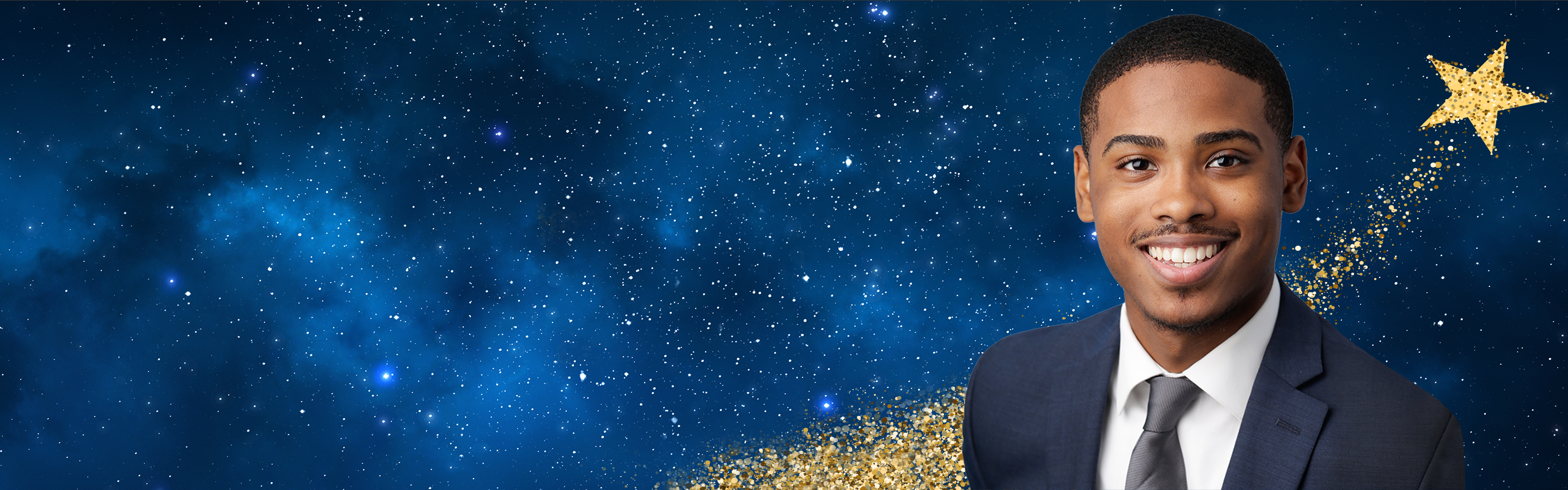 Headshot of Xavier Nonez over the image of a starry sky with a gold shooting star